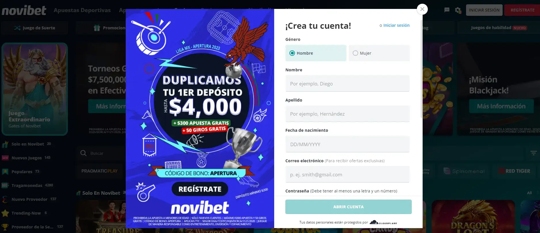 Crea una nueva cuenta de casino formulario registro